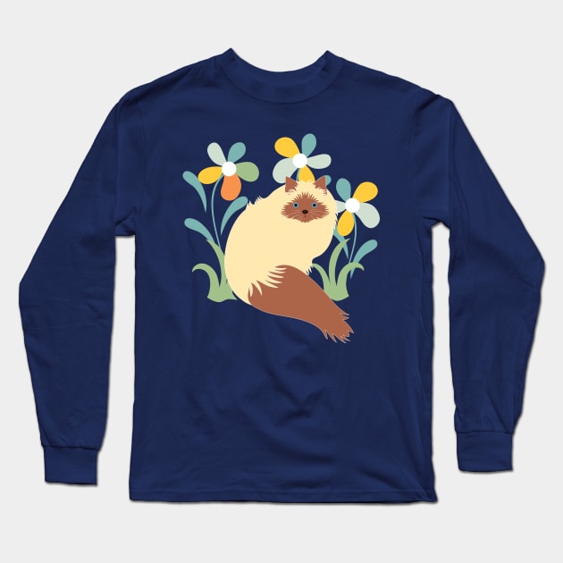 Himalayan Cat and Flowers Long Sleeve T-Shirt by LulululuPainting